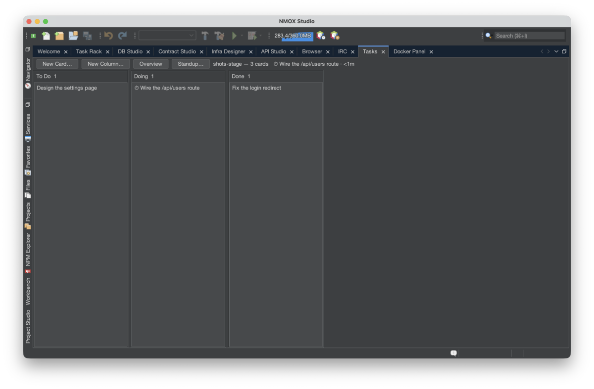 The Task Board: kanban columns of cards, a sprint header with a burndown, a running clock, and the Standup button