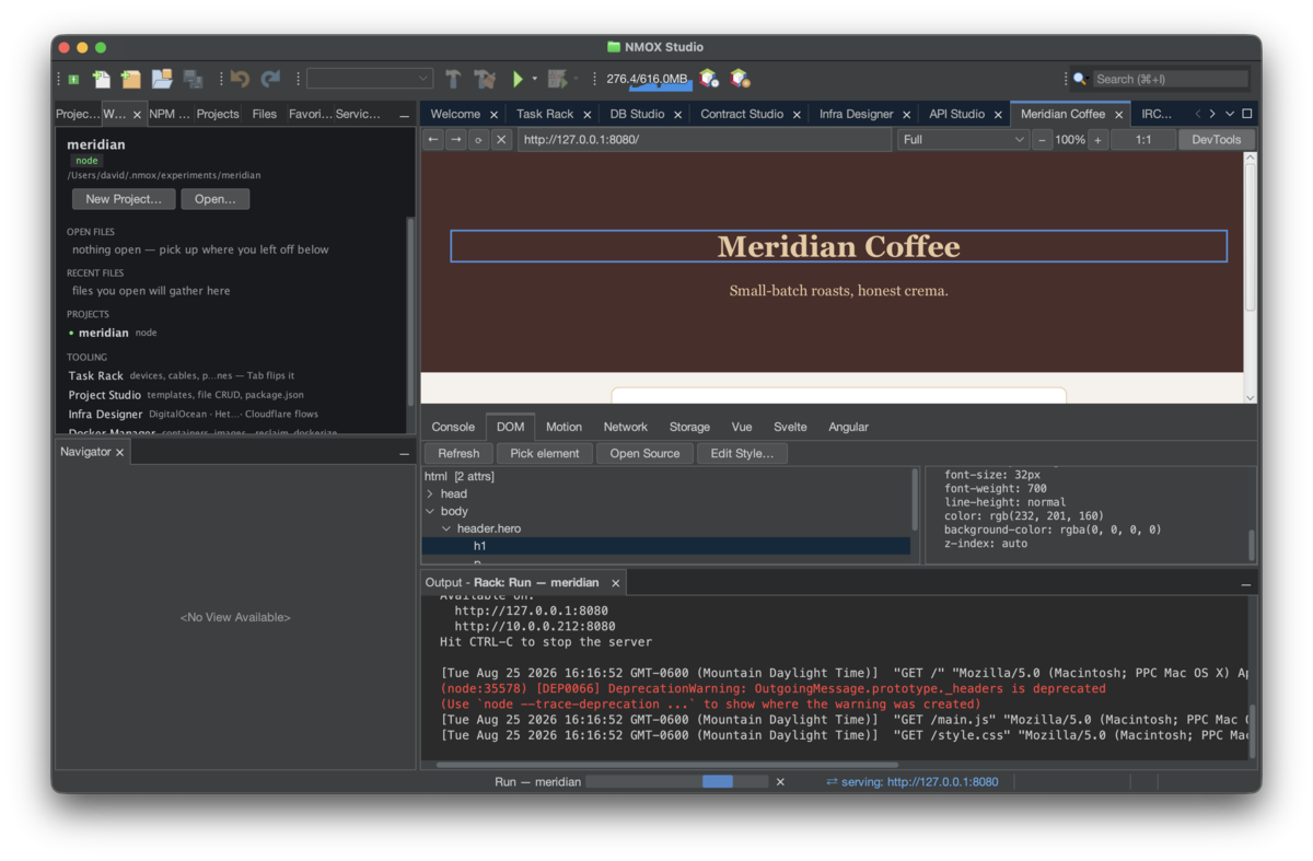 The in-app Browser with DevTools open: a picked element ringed in the page, its node selected in the DOM tree, Open Source and Edit Style beside it