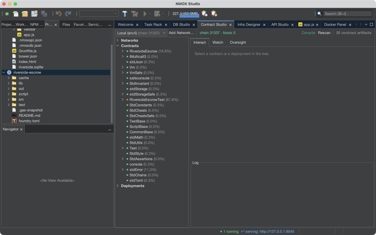 Contract Studio: the artifact tree, a decoded call result, decoded event logs streaming in the Watch pane, and gas and size verdicts in Oversight