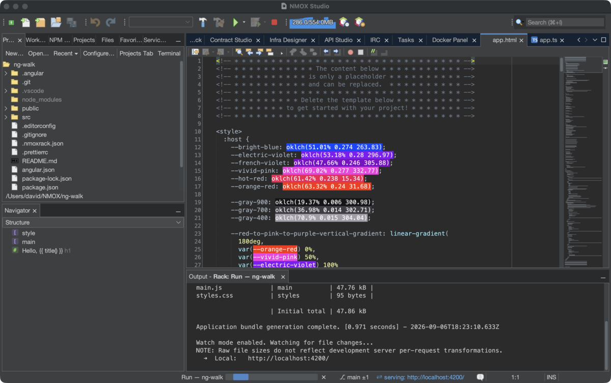 The editor: a source file with a minimap beside the scrollbar, enclosing declarations pinned at the top, color swatches in the stylesheet, and gray ghost-text completion after the caret