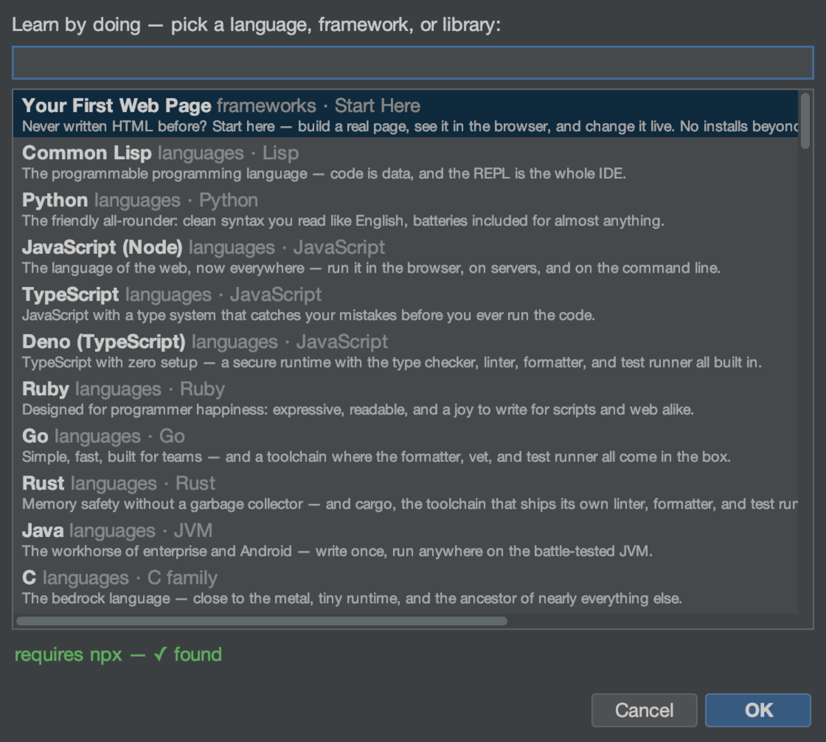 A learning space: sample code in the editor, the walked tutorial beside it, a live REPL in the rack, and a Check My Work report